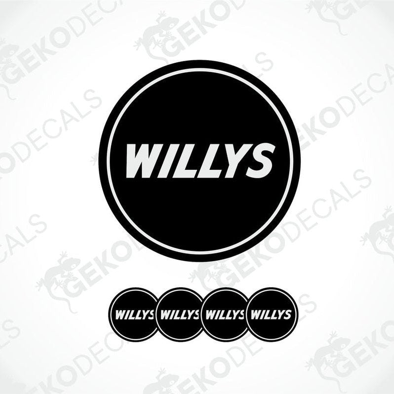 A set of black vinyl decals with the text 'WILLYS' displayed on them, presented against a white background.