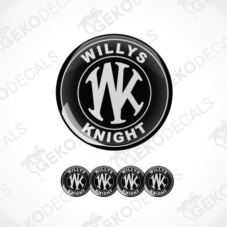 A set of black and white vinyl decals with the text 'WILLYS KNIGHT' and a stylized 'WK' logo, presented against a white background.