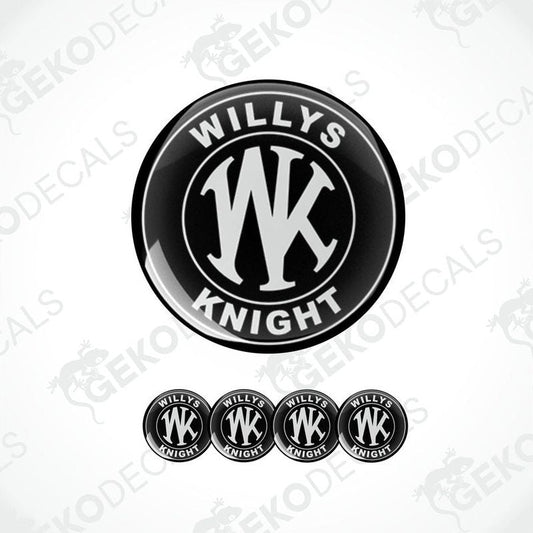A set of black and white vinyl decals with the text 'WILLYS KNIGHT' and a stylized 'WK' logo, presented against a white background.