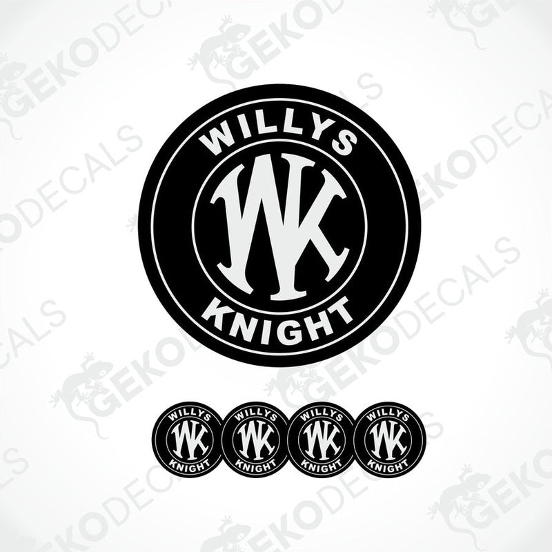 A set of black and white vinyl decals with the text 'WILLYS KNIGHT' and a stylized 'WK' logo, presented against a white background.