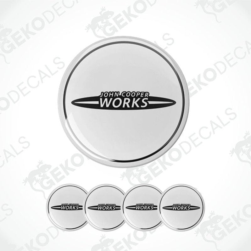 A set of white vinyl decals with the 'John Cooper Works' logo in black.