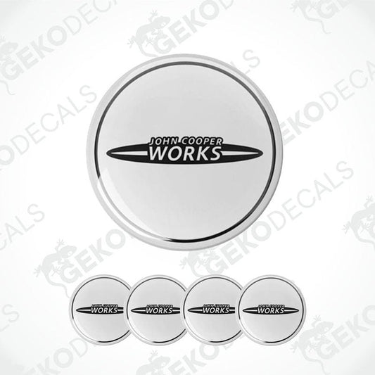 A set of white vinyl decals with the 'John Cooper Works' logo in black.