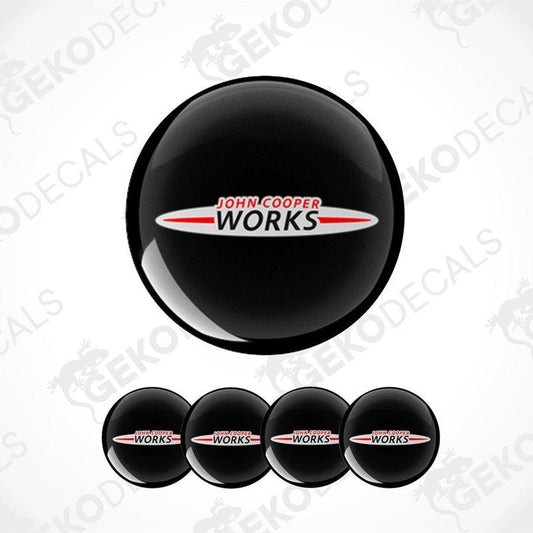 A set of black vinyl decals with the 'John Cooper Works' logo in white and red.