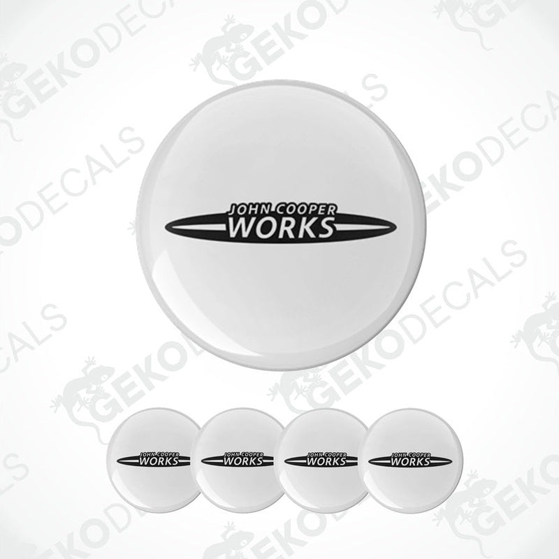 A set of white vinyl decals with the 'John Cooper Works' logo in black.