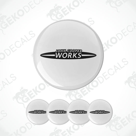 A set of white vinyl decals with the 'John Cooper Works' logo in black.