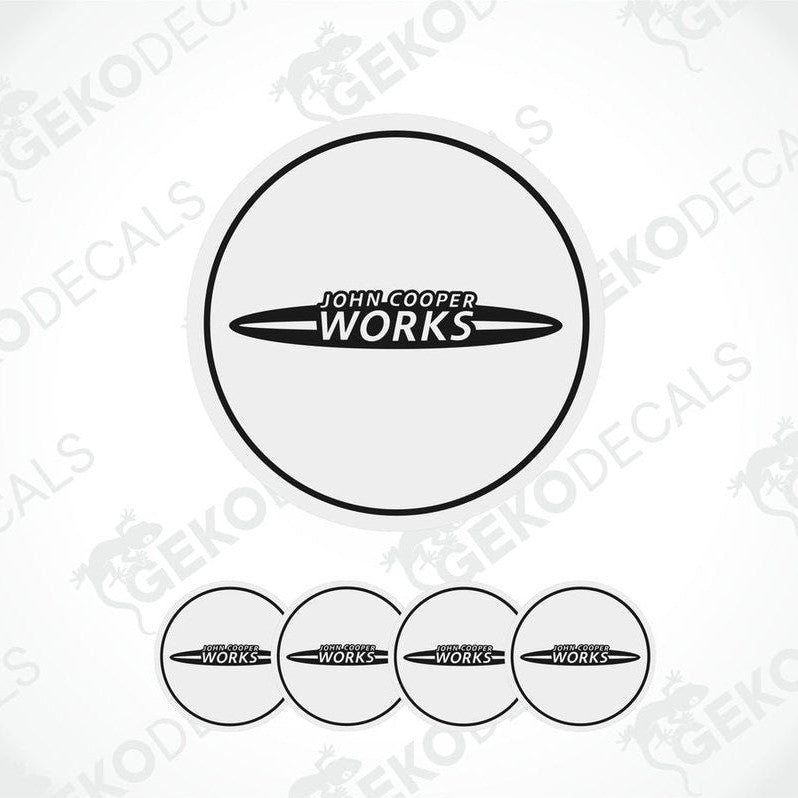 A set of white vinyl decals with the 'John Cooper Works' logo in black.