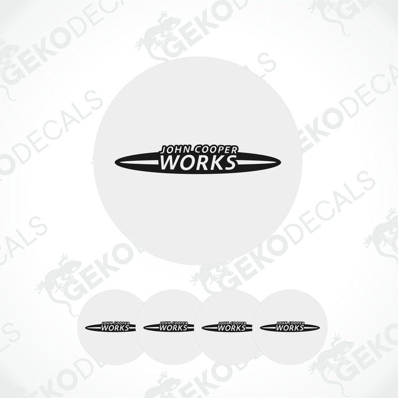 A set of white vinyl decals with the 'John Cooper Works' logo in black.