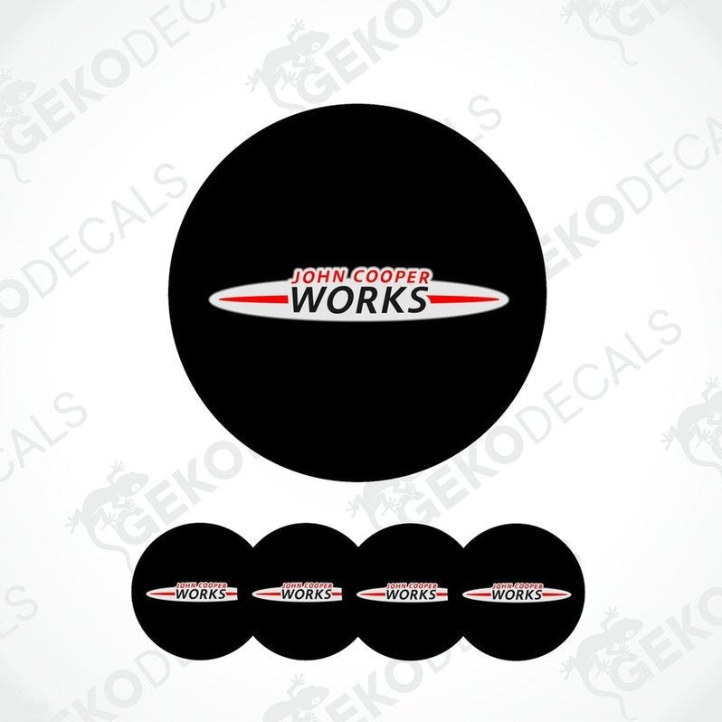 A set of black vinyl decals with the 'John Cooper Works' logo in white and red.