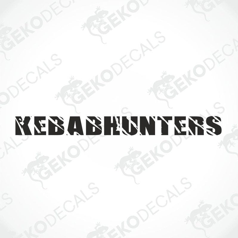 Black car windshield sticker with cut-out text KEBABHUNTERS