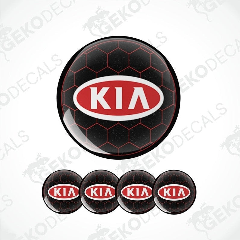A set of four black, red, and white vinyl stickers with a KIA logo, designed for use as car decals.
