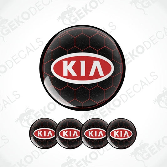 A set of four black, red, and white vinyl stickers with a KIA logo, designed for use as car decals.