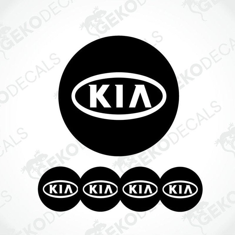 A set of four black vinyl stickers with the KIA brand logo on them.