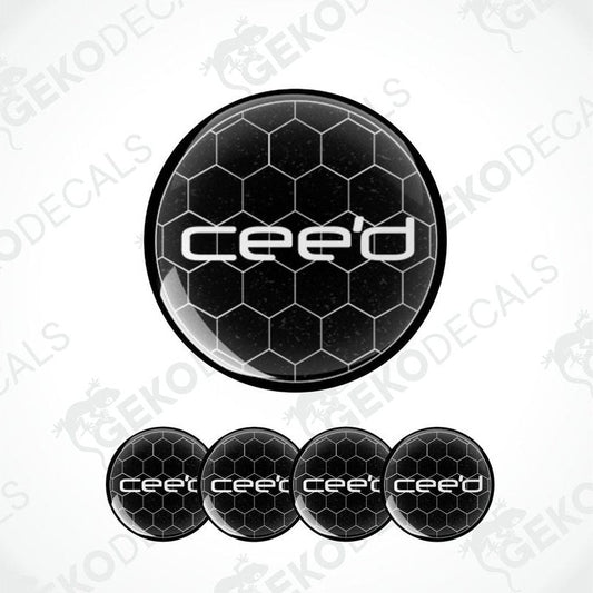 A set of four black vinyl stickers with the word 'KIA CEED' and a geometric pattern design, displayed against a white background.