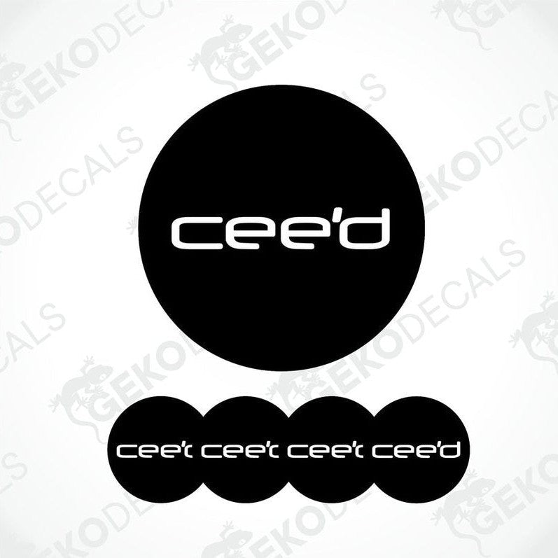 A set of four black vinyl stickers with the word 'KIA CEED' and a geometric design.