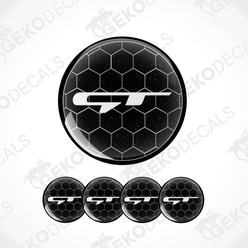 A set of four black vinyl stickers with the KIA GT logo, designed for use as car decals.