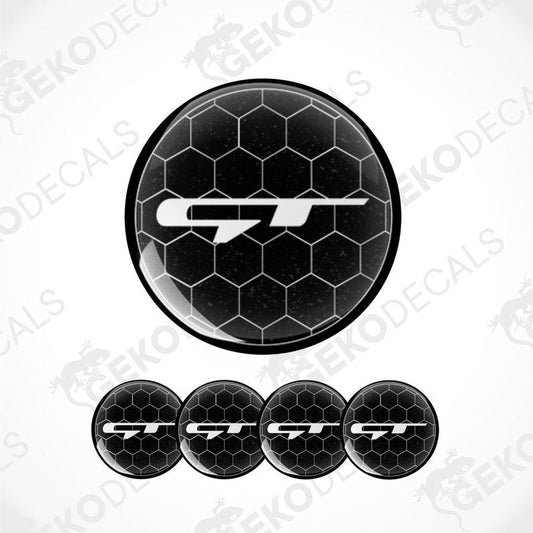 A set of four black vinyl stickers with the KIA GT logo, designed for use as car decals.