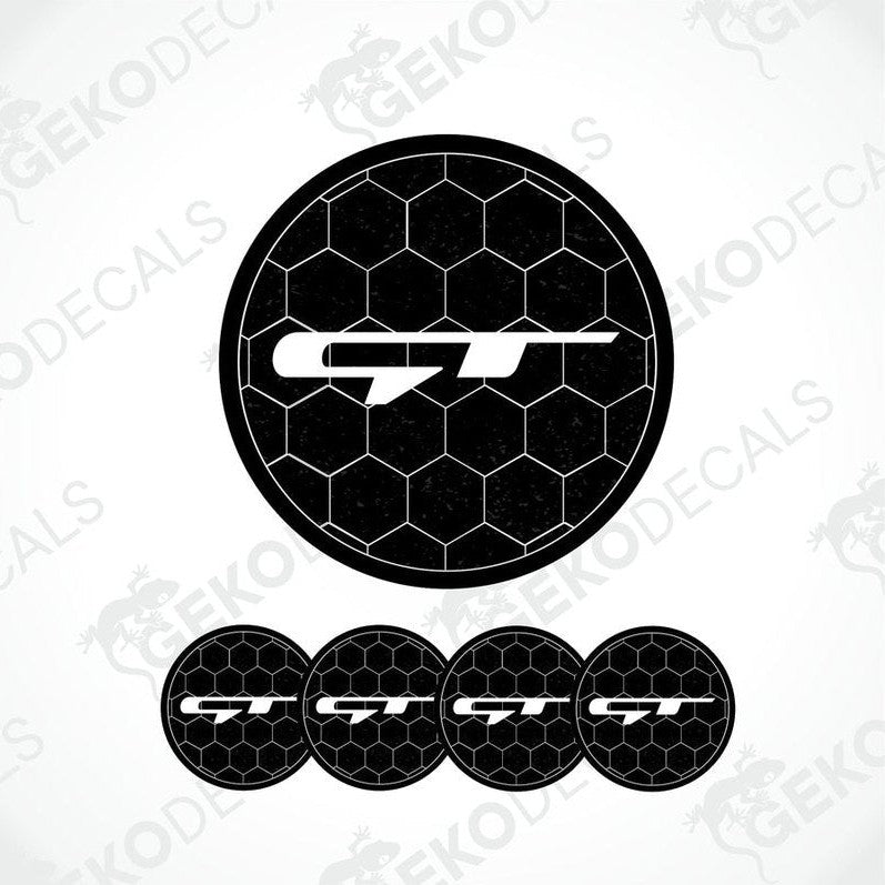 A set of four black vinyl stickers with the KIA GT logo, designed for use as car decals.