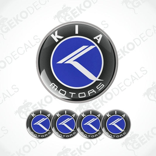A set of four blue and white Kia Motors vinyl decals.