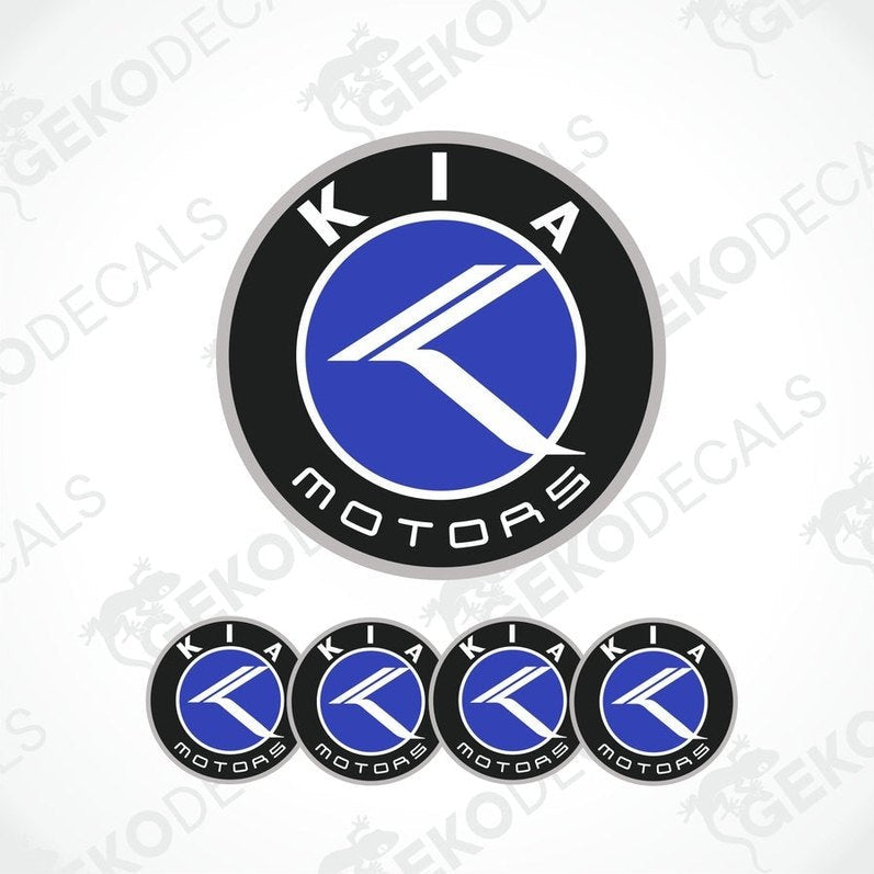 A set of four blue and white Kia Motors vinyl decals.
