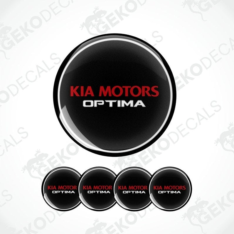 A set of four vinyl decals with polyurethane coating featuring the text 'KIA MOTORS OPTIMA'. The decals are black with red and white text and are displayed against a white background.