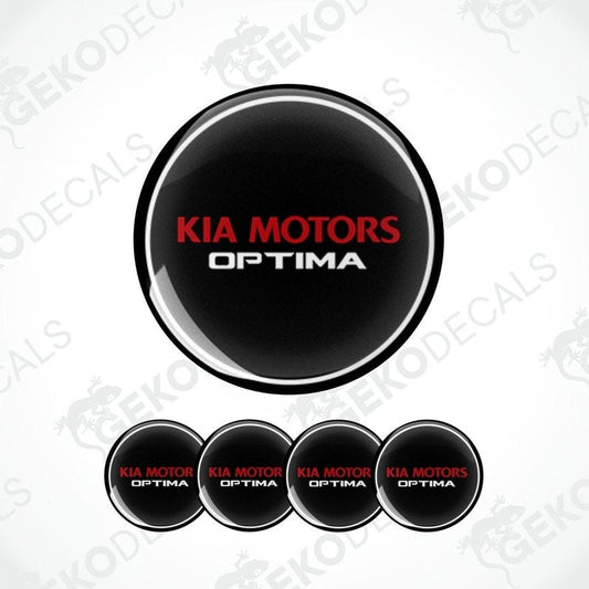 A set of four vinyl decals with polyurethane coating featuring the text 'KIA MOTORS OPTIMA'. The decals are black with red and white text and are displayed against a white background.