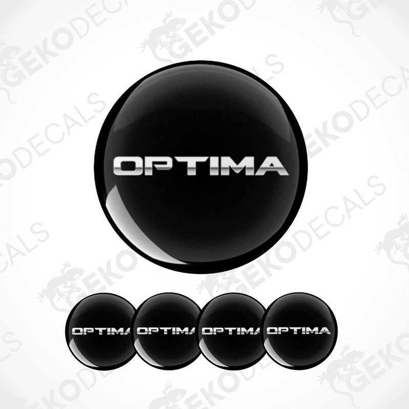 A set of four black vinyl stickers with the word 'OPTIMA' and a geometric design.