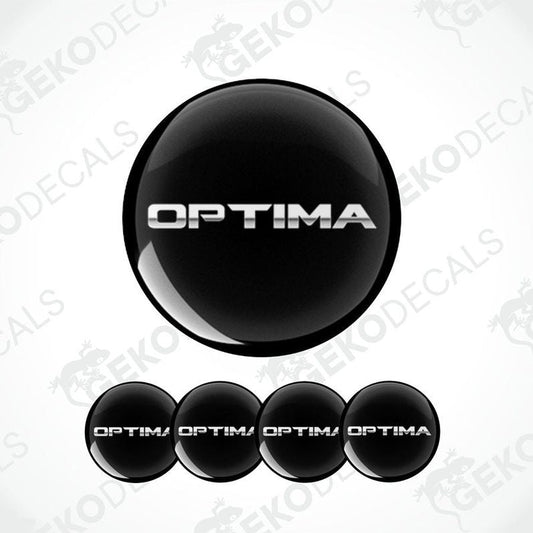 A set of four black vinyl stickers with the word 'OPTIMA' and a geometric design.