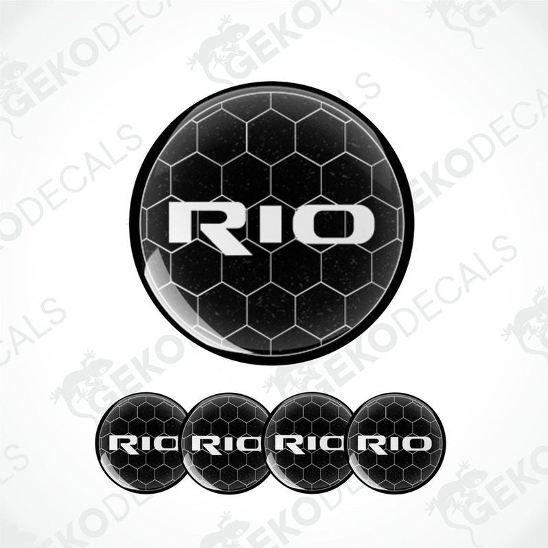 A set of four vinyl decals for a KIA RIO, with a geometric pattern and the text 'RIO' displayed prominently.