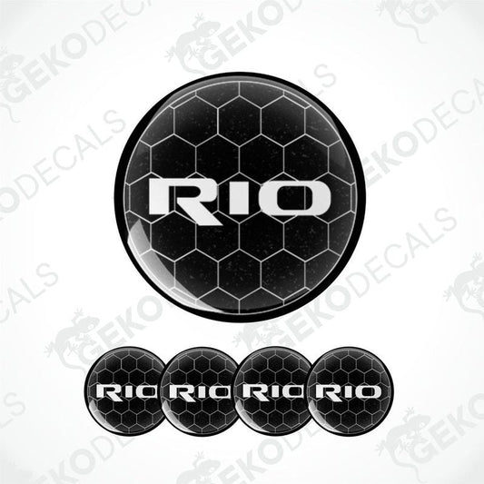 A set of four vinyl decals for a KIA RIO, with a geometric pattern and the text 'RIO' displayed prominently.