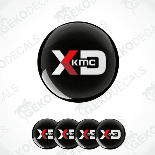 A set of four black vinyl decals with the polyurethane coating, featuring the 'KMC XD' logo in white.