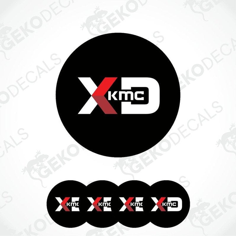 A set of four black vinyl decals with the polyurethane coating, featuring the 'KMC XD' logo in white.
