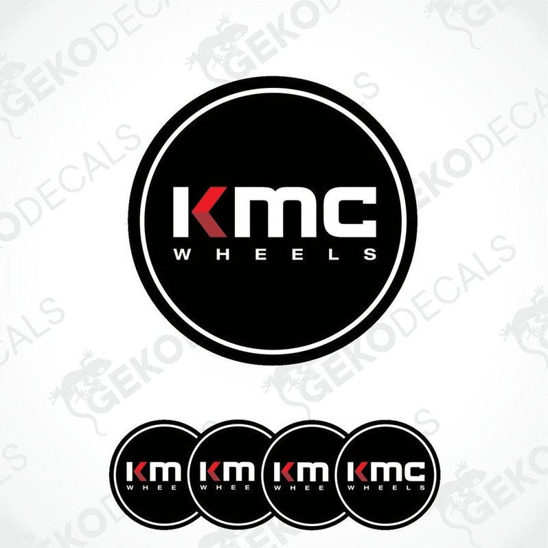 A set of four black vinyl stickers with the KMC Wheels logo in white and red, displayed on a white background.