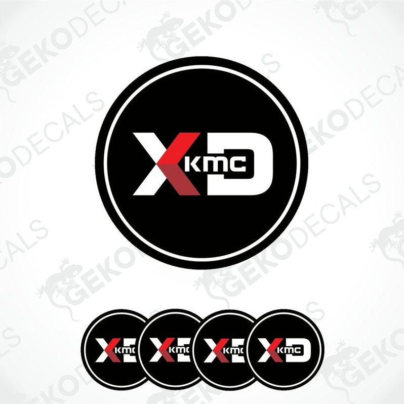 A set of four black, red, and white vinyl decals with the KMC logo, designed for use on car wheels.