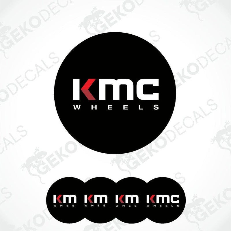 A set of four black vinyl stickers with the KMC Wheels logo printed on them.