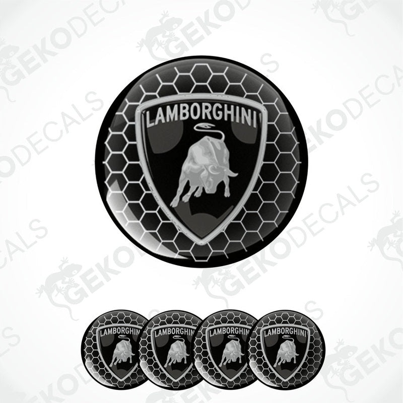 A set of four circular vinyl stickers with a black and white design featuring the Lamborghini logo and a graphic of a bull's head.