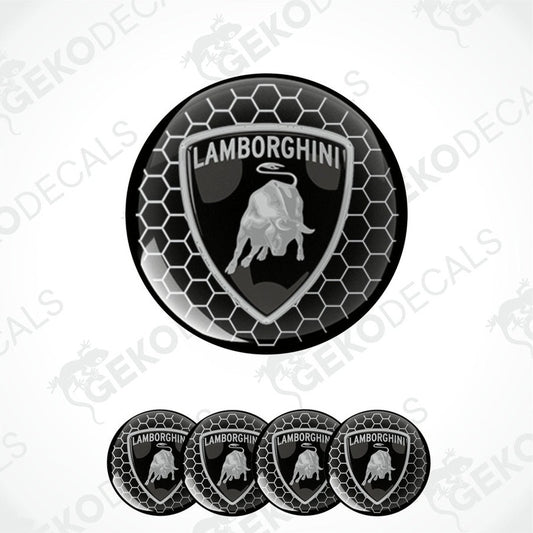 A set of four circular vinyl stickers with a black and white design featuring the Lamborghini logo and a graphic of a bull's head.