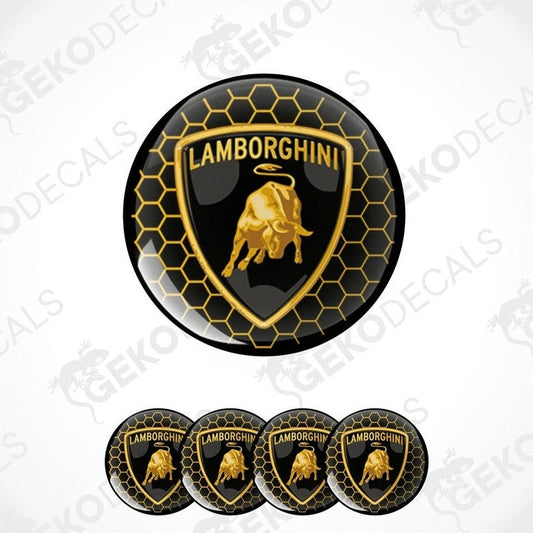 A set of four circular vinyl stickers with a black and yellow design featuring the Lamborghini logo and a graphic of a bull's head.