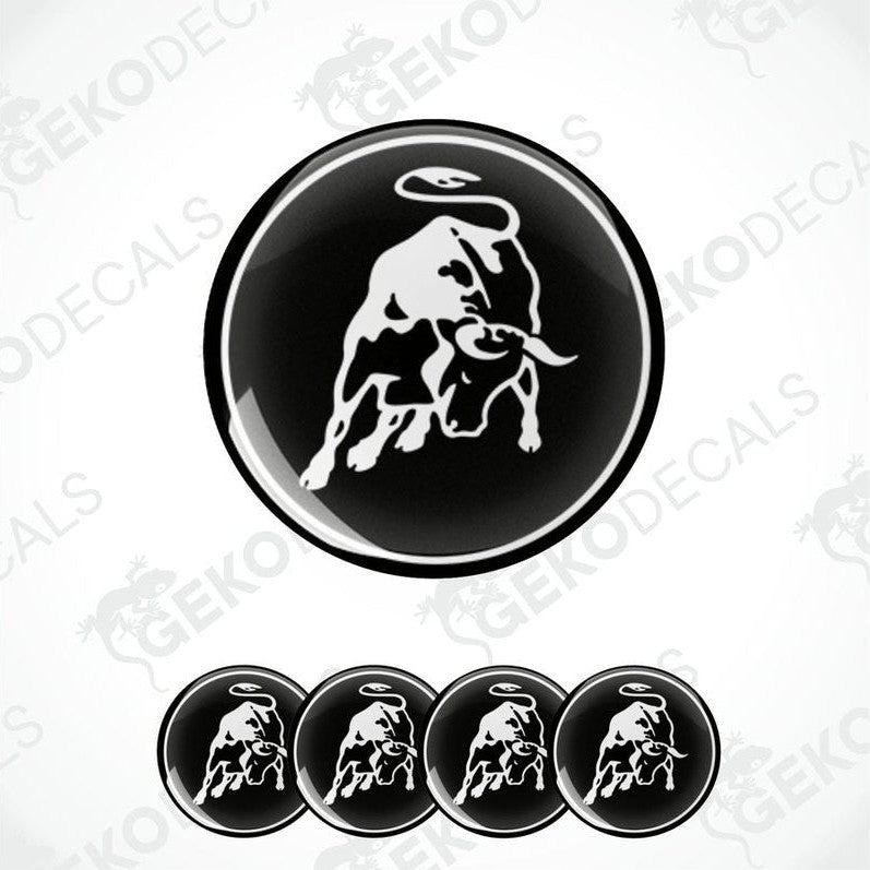 A set of vinyl decals featuring a black and white image of a bull, designed for use as car wheel decals.