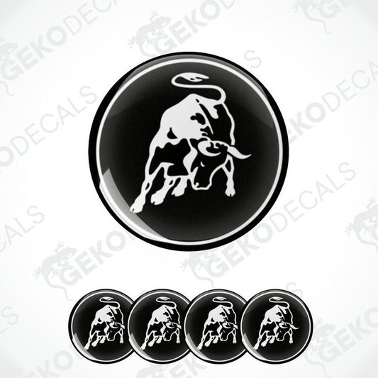 A set of vinyl decals featuring a black and white image of a bull, designed for use as car wheel decals.