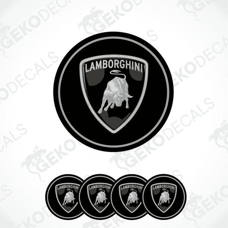 A set of four black vinyl decals with the Lamborghini logo, which includes a depiction of a bull's head inside a shield.