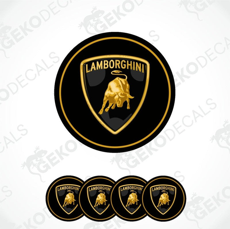 A set of four black vinyl stickers with the Lamborghini logo in gold, displayed on a white background.