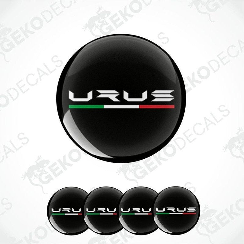 Set of four black vinyl decals with 'URUS' text and a red, green, and white stripe, indicative of the Lamborghini brand.