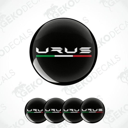 Set of four black vinyl decals with 'URUS' text and a red, green, and white stripe, indicative of the Lamborghini brand.