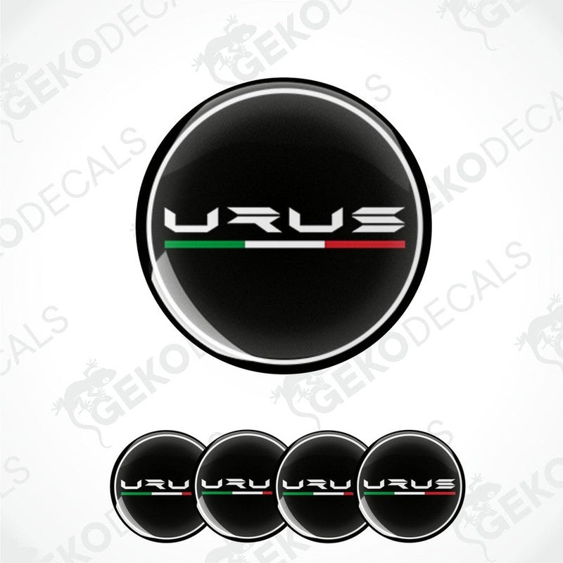 A set of vinyl decals for a LAMBORGHINI URUS, including four round stickers with the Urus logo and a red, white, and green stripe.