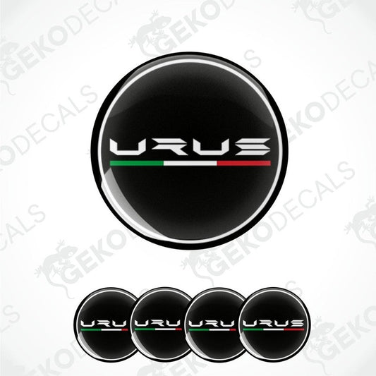 A set of vinyl decals for a LAMBORGHINI URUS, including four round stickers with the Urus logo and a red, white, and green stripe.