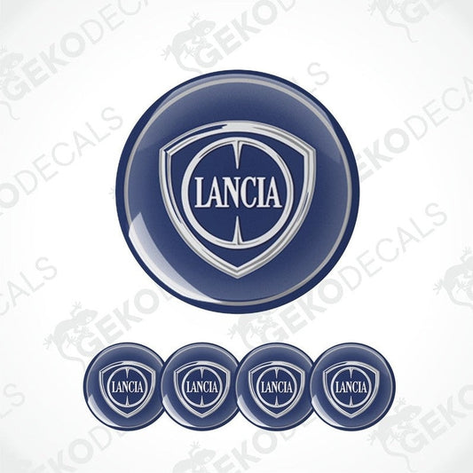 A set of four blue vinyl stickers with the LANCIA brand logo on them, designed for use as car decals.