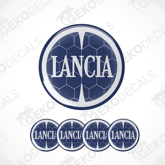Set of four blue vinyl decals with the LANCIA logo applied on a shield shape.
