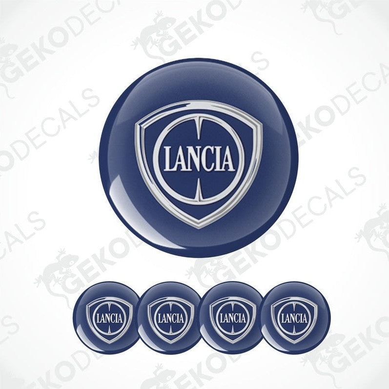 Set of four blue vinyl decals with the LANCIA logo applied on a shield shape.