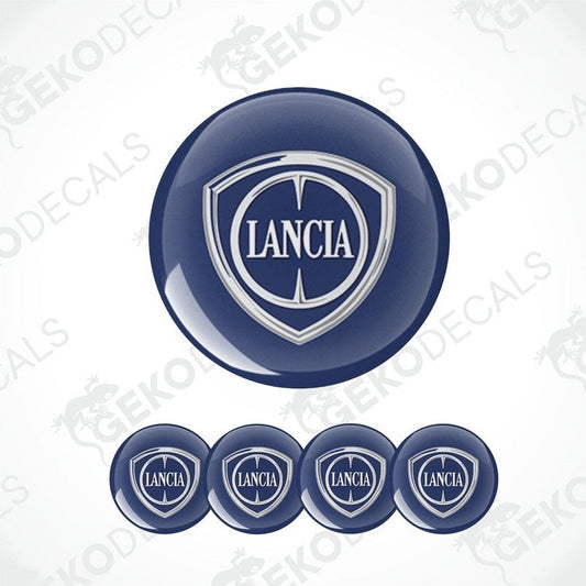 Set of four blue vinyl decals with the LANCIA logo applied on a shield shape.