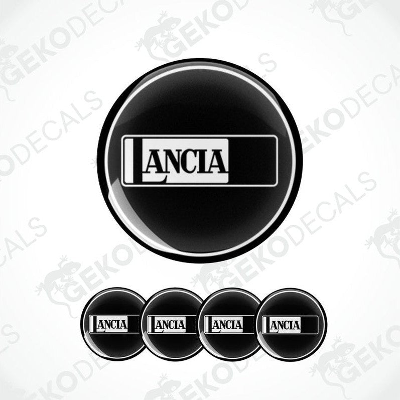 A set of four black vinyl stickers with the word 'LANCIA' printed on them, designed to be used as car decals.